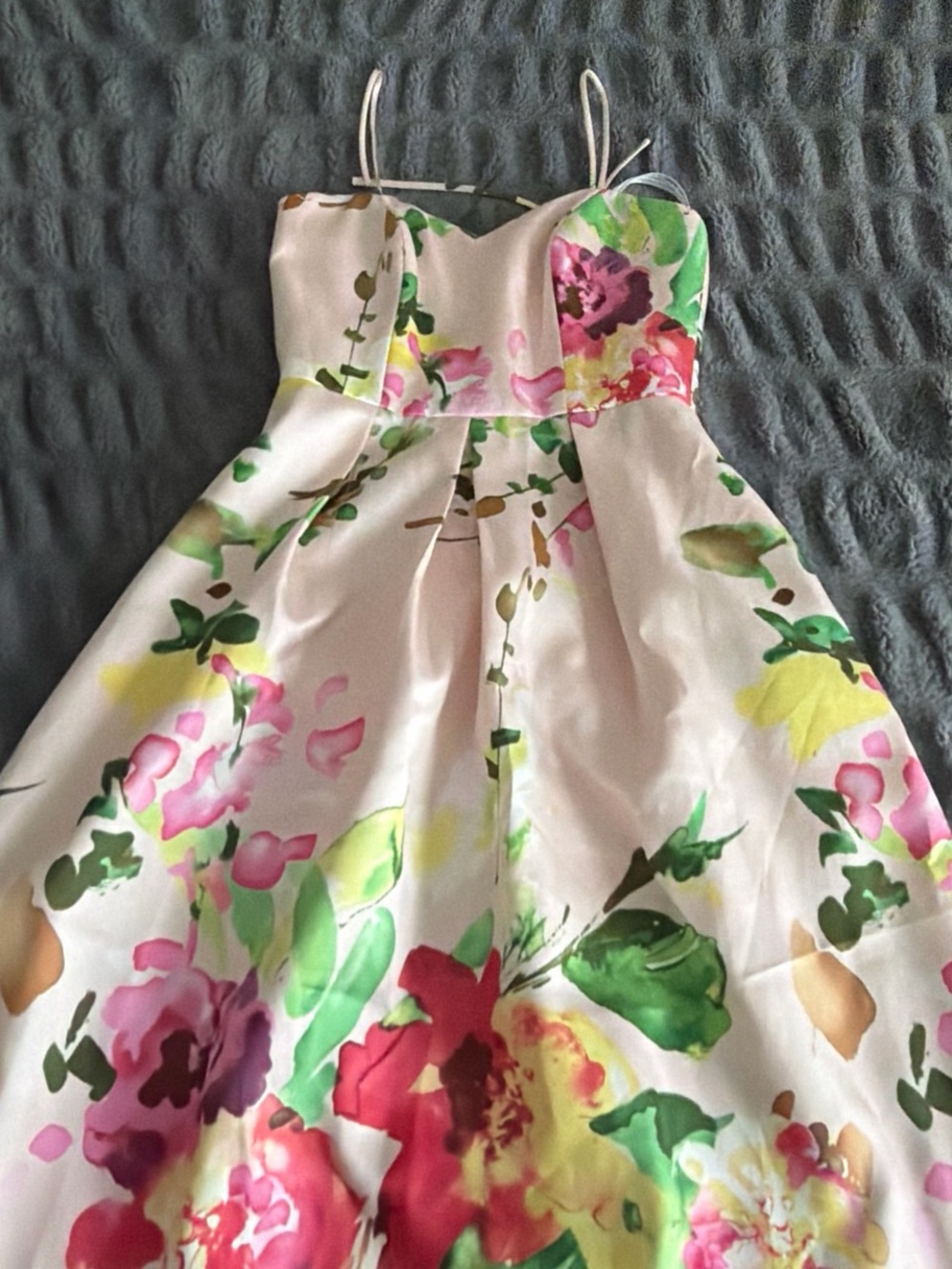 ALFRED SUNG White Floral Spaghetti-Strap Prom Dress in Pink, Green, Yellow